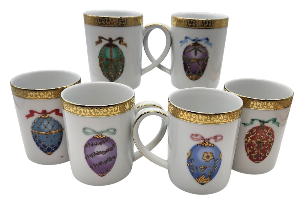 Gold Buffet Royal Gallery 1991 Faberge Eggs Mugs Lot Of 6 Excellent Shape